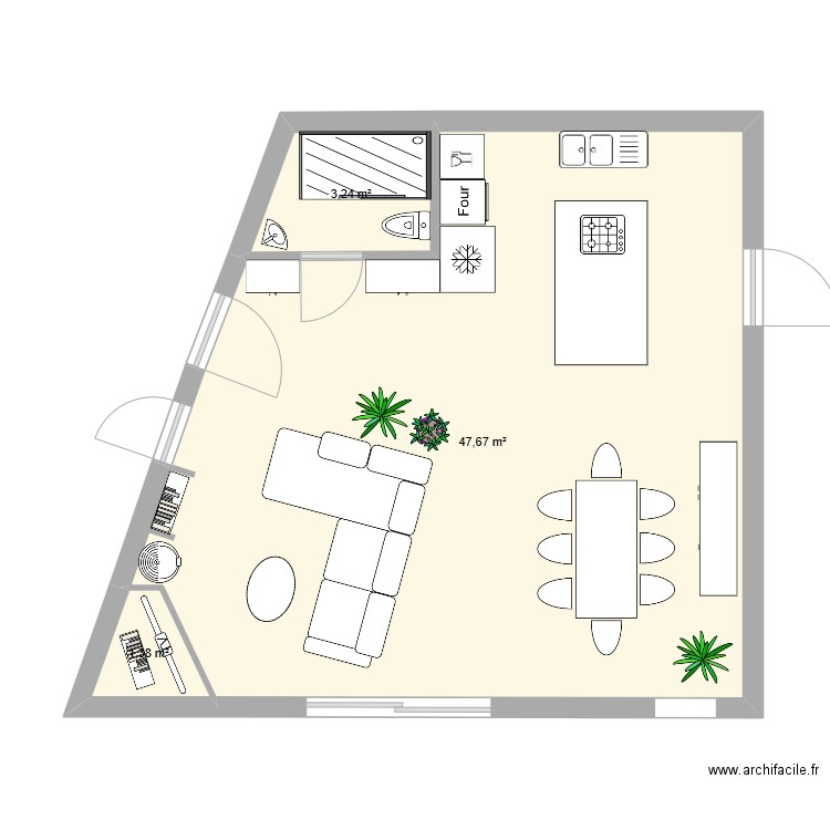 SALON - TV. Plan de 3 pièces et 52 m2