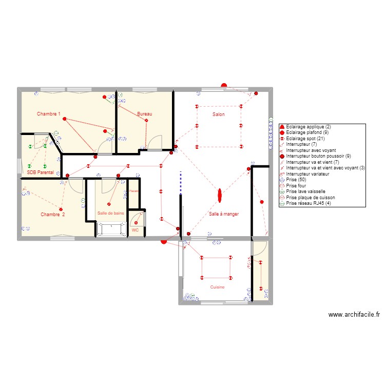 Plan général pour électricité. Plan de 7 pièces et 48 m2