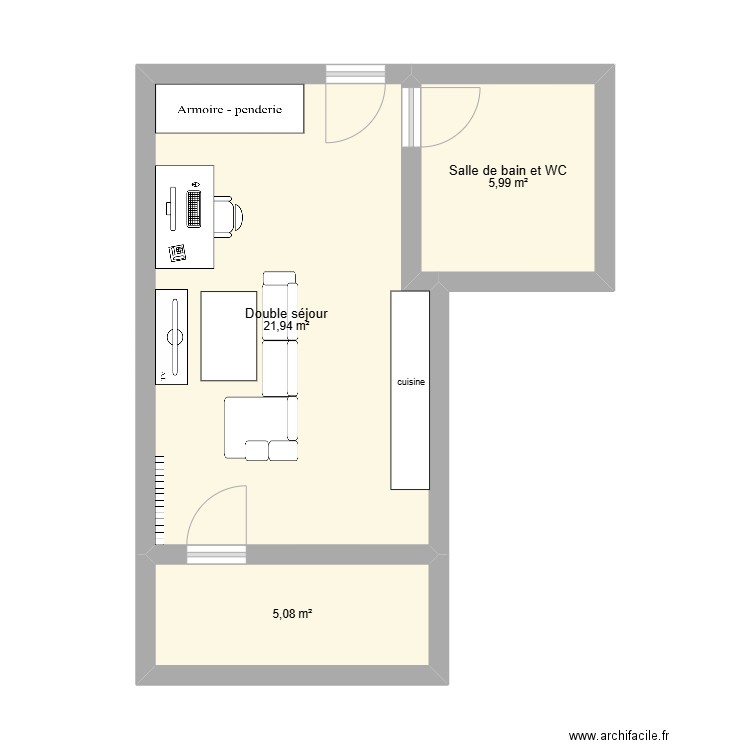 second plan . Plan de 3 pièces et 33 m2