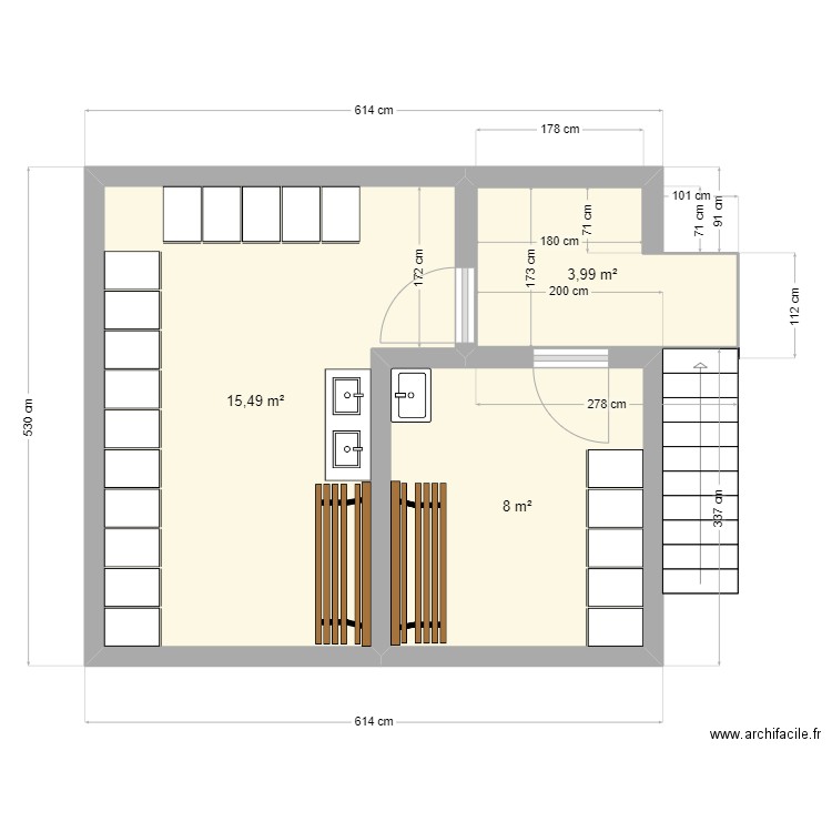 Vestiaires Meeple. Plan de 3 pièces et 27 m2