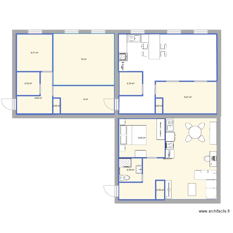 PPP. Plan de 10 pièces et 92 m2