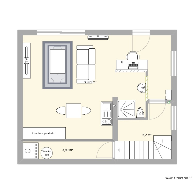 aménagement Sous sol v2. Plan de 3 pièces et 44 m2