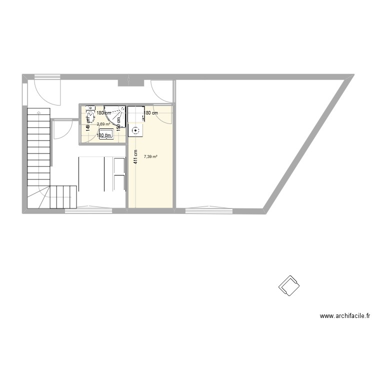 Rdc . Plan de 2 pièces et 10 m2