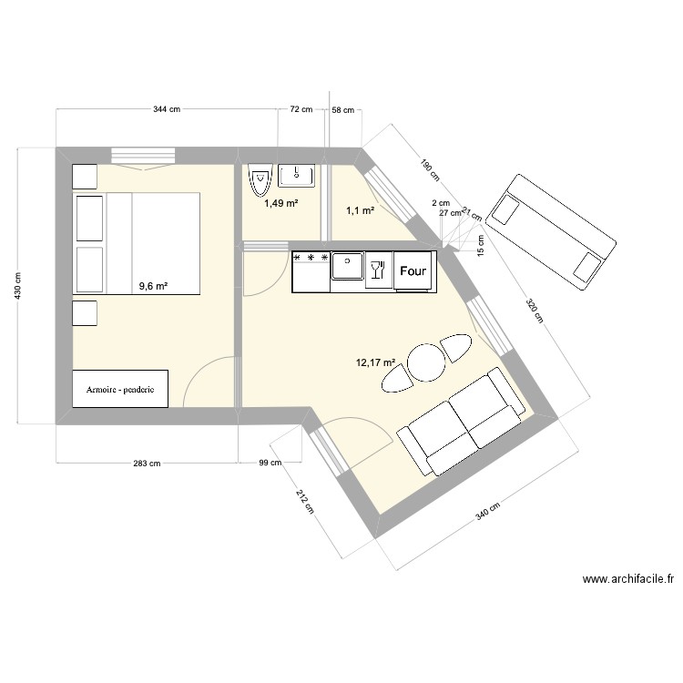 92130 - 2 puces 24m2 V3. Plan de 4 pièces et 24 m2