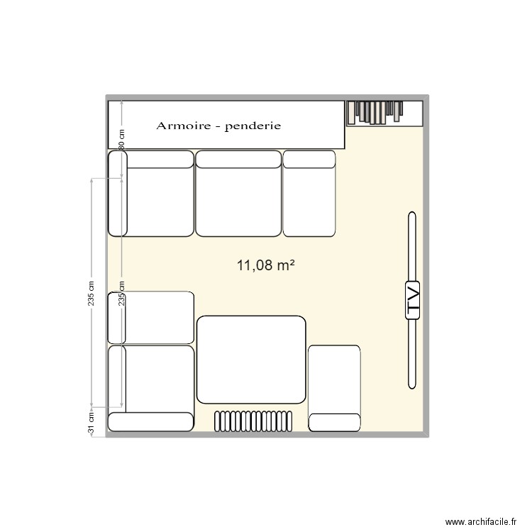 aménagement module canapé. Plan de 1 pièce et 11 m2