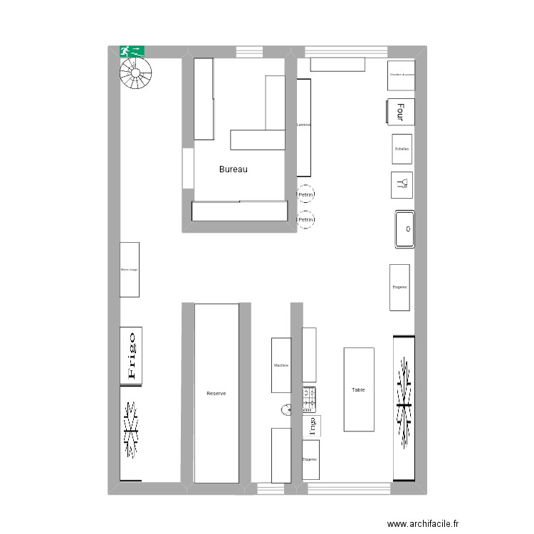 Pâtisserie. Plan de 2 pièces et 55 m2