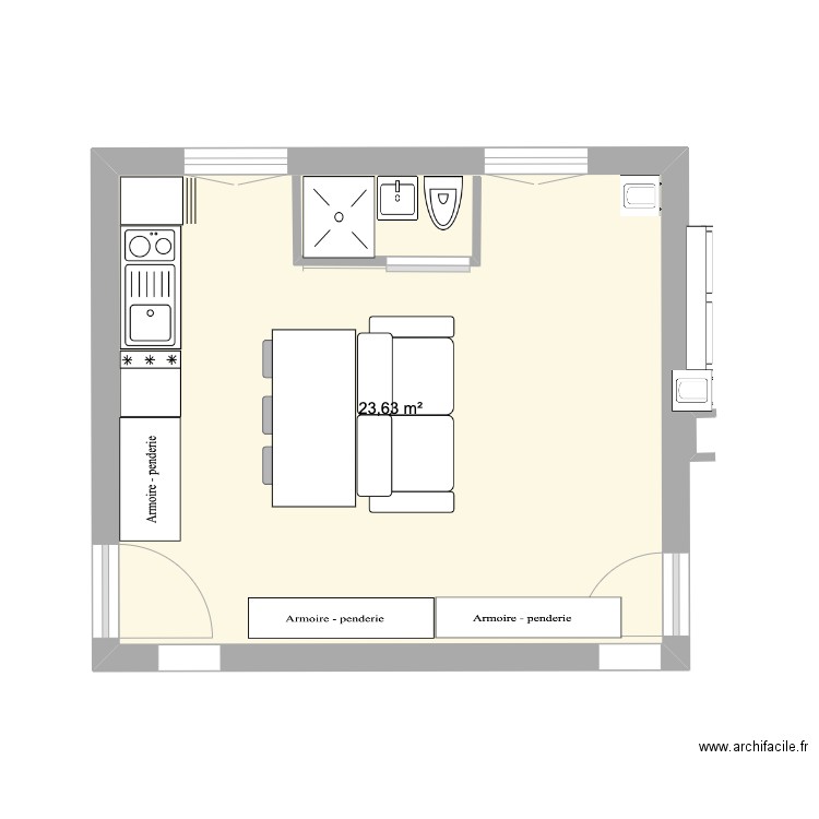 studio 23,60m2. Plan de 1 pièce et 24 m2