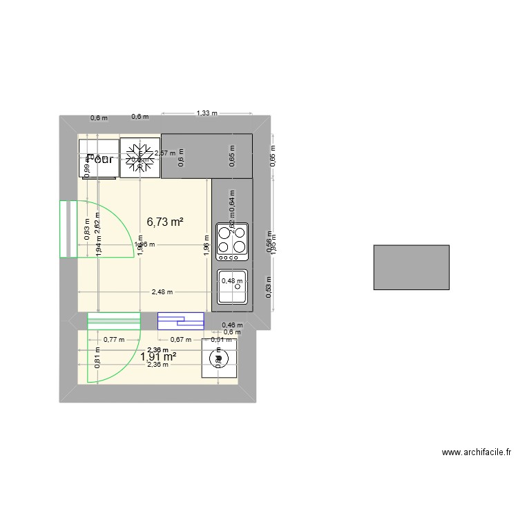 CUISIN. Plan de 2 pièces et 9 m2