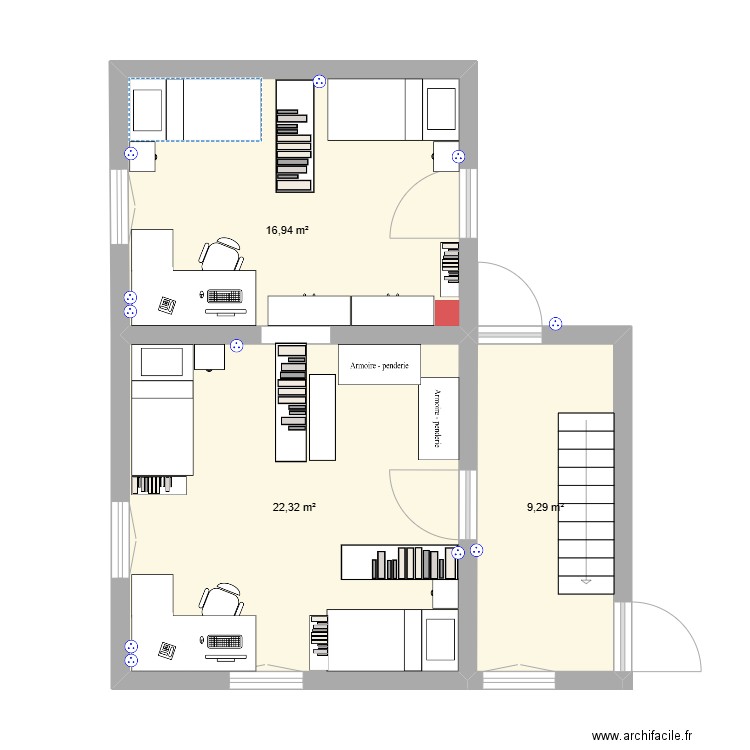 Chambres enfants 1er étage. Plan de 3 pièces et 49 m2