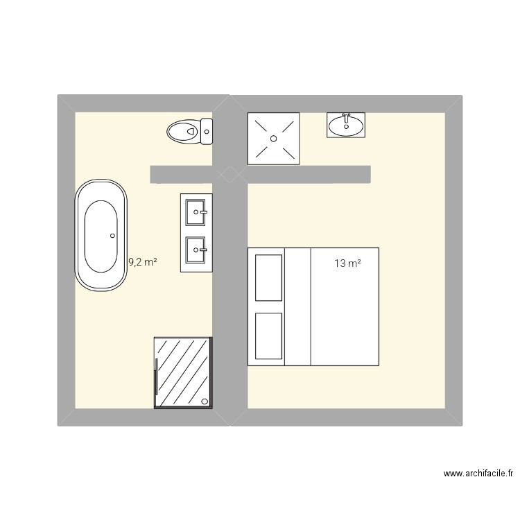 Sdb. Plan de 2 pièces et 22 m2