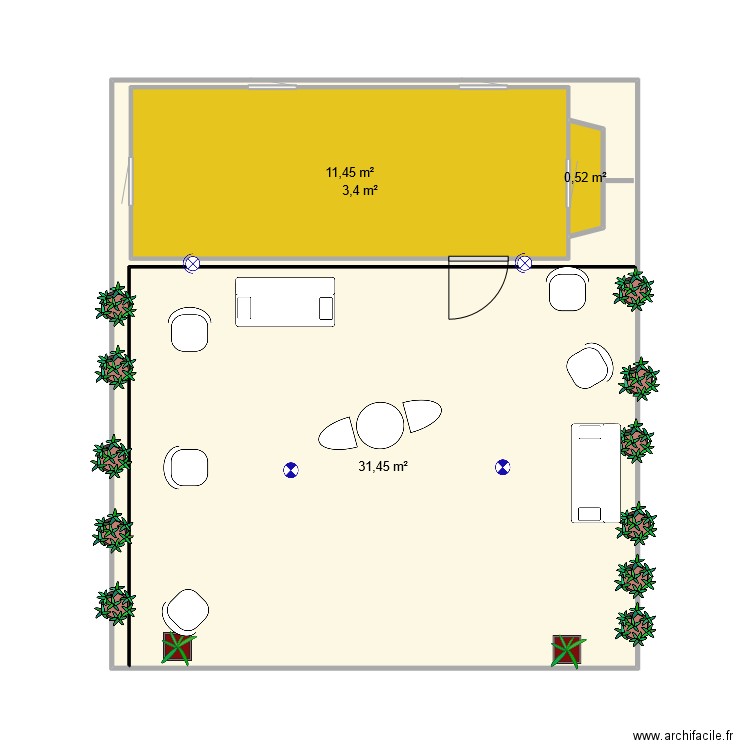 Aménagement accueil. Plan de 4 pièces et 59 m2