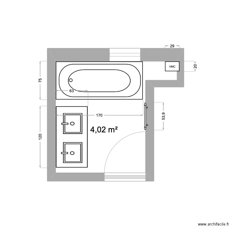 sub margottin. Plan de 1 pièce et 4 m2