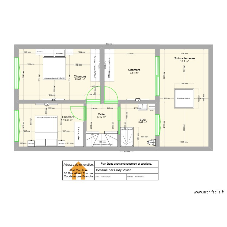 Plan étage avec aménagement et cotations.. Plan de 6 pièces et 65 m2