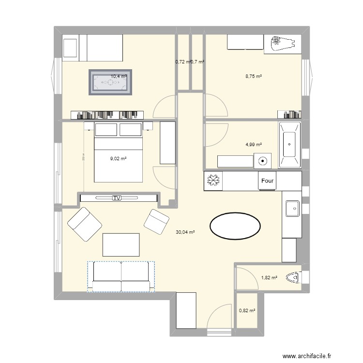 Salon coupé en deux. Plan de 9 pièces et 67 m2