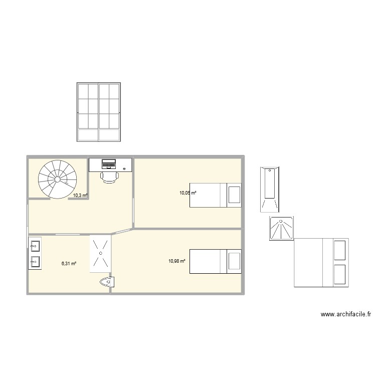 comble. Plan de 4 pièces et 38 m2