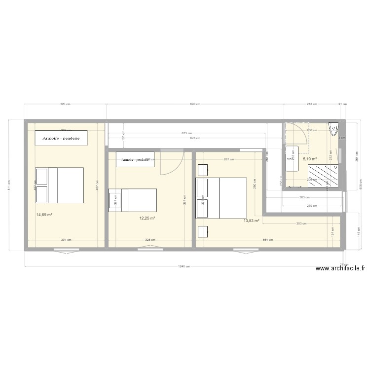 Espace nuit . Plan de 4 pièces et 46 m2