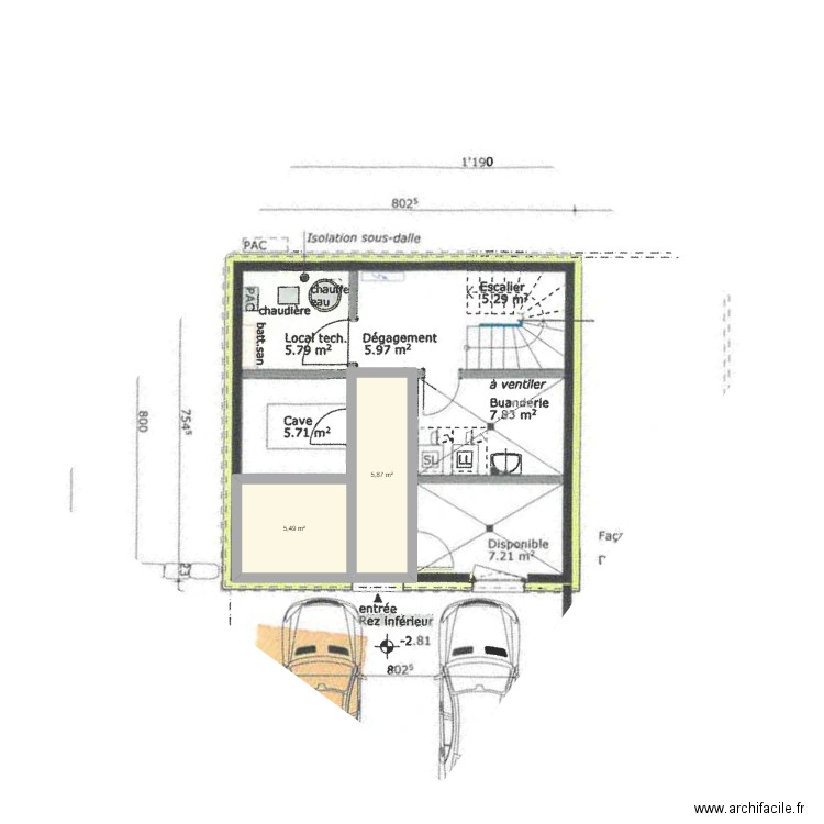 Plan plafond. Plan de 2 pièces et 11 m2