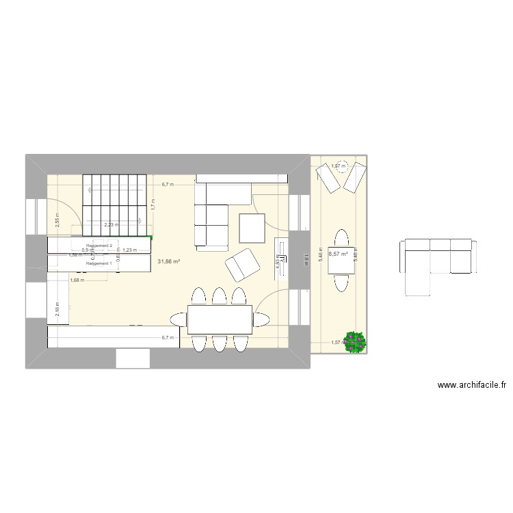 Maison Edouard RDC avec cuisine. Plan de 2 pièces et 40 m2