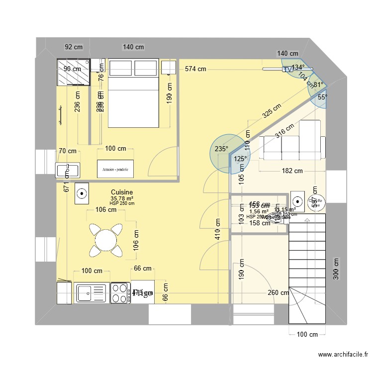 RDC . Plan de 3 pièces et 49 m2