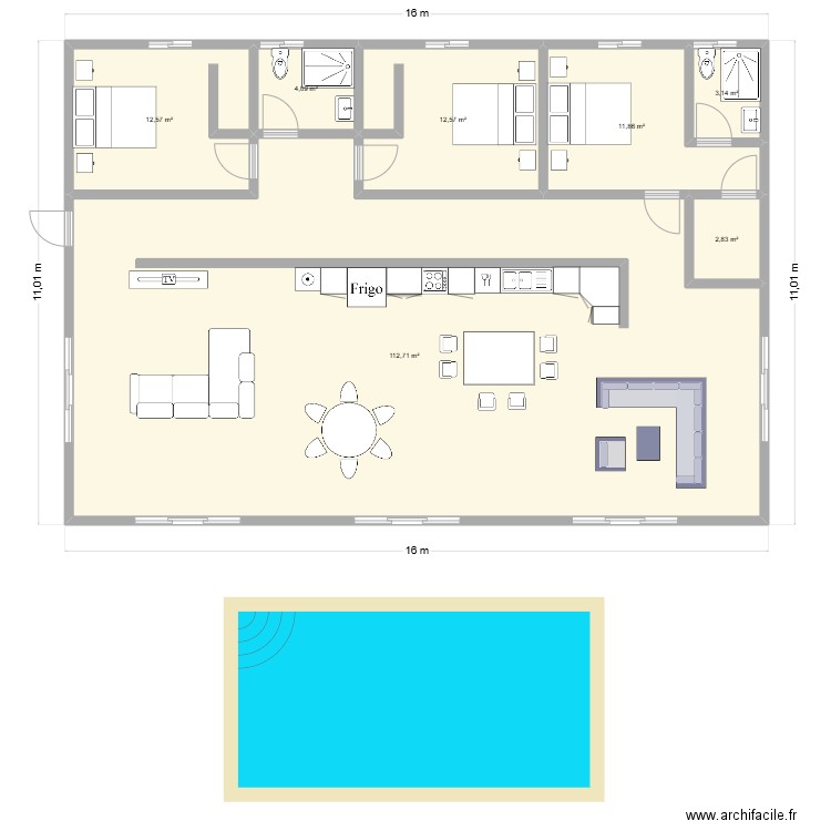 Maison 160m² dont terrasse intégré. Plan de 7 pièces et 160 m2