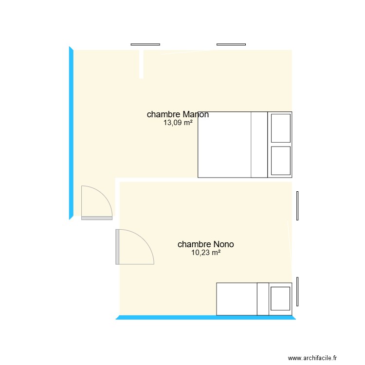 chambre. Plan de 2 pièces et 23 m2