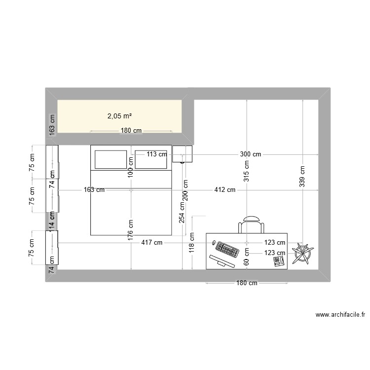 1er plan de chambre. Plan de 1 pièce et 2 m2