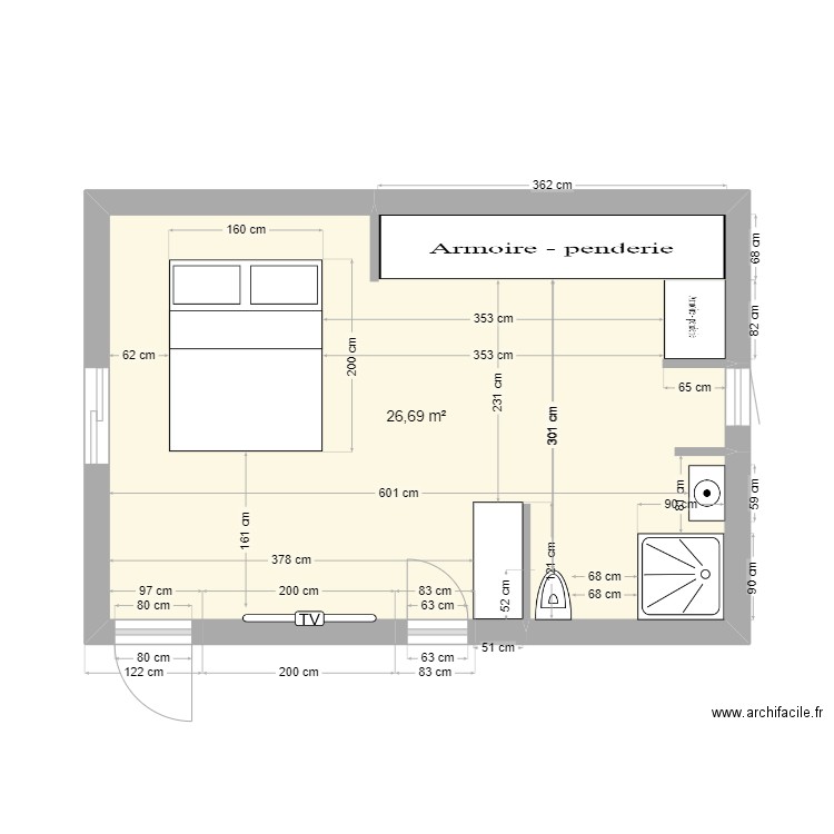 chambre. Plan de 1 pièce et 27 m2