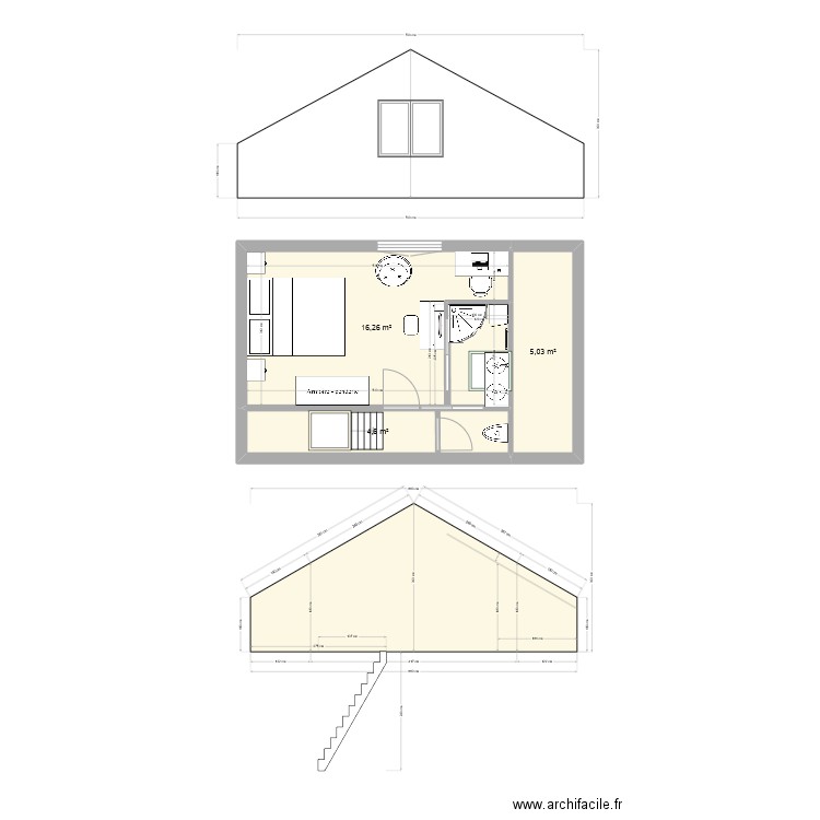 Chambre du garage. Plan de 3 pièces et 26 m2