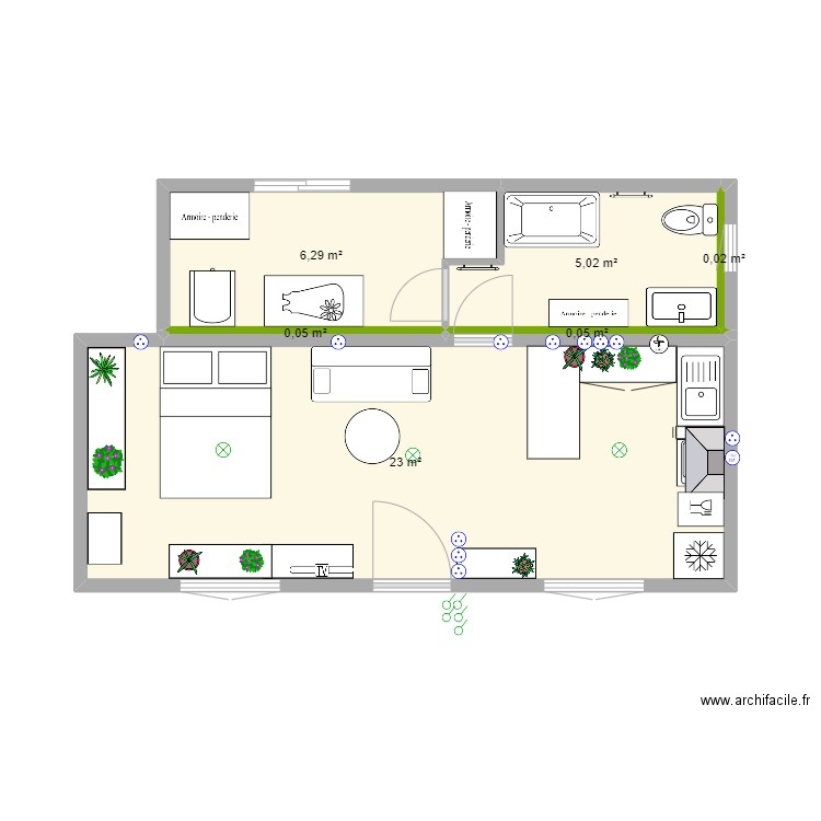 Bungalow avec chambre et sdb v2. Plan de 6 pièces et 34 m2