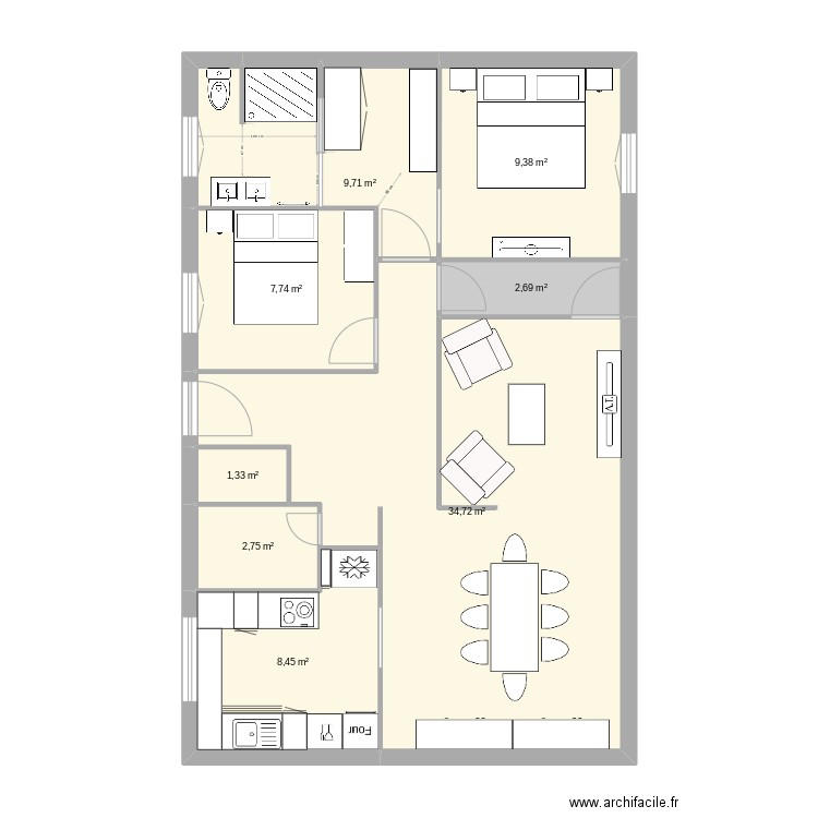 brives etg1. Plan de 8 pièces et 77 m2