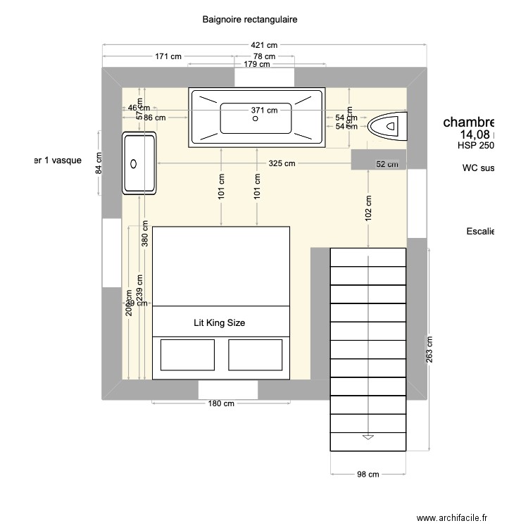 chambre sub étage . Plan de 1 pièce et 14 m2