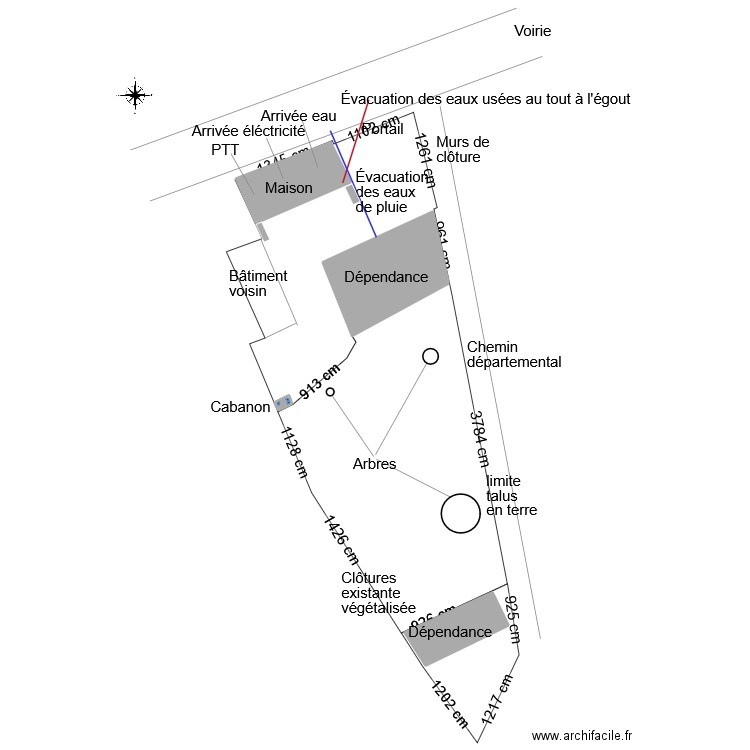 Plan de masse actuel. Plan de 4 pièces et 257 m2