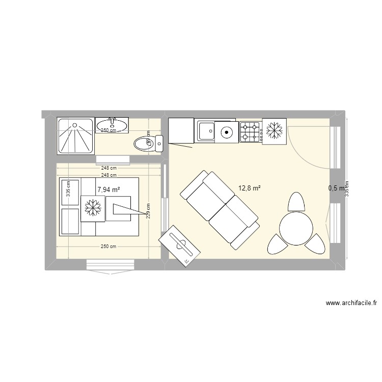 studio. Plan de 3 pièces et 21 m2