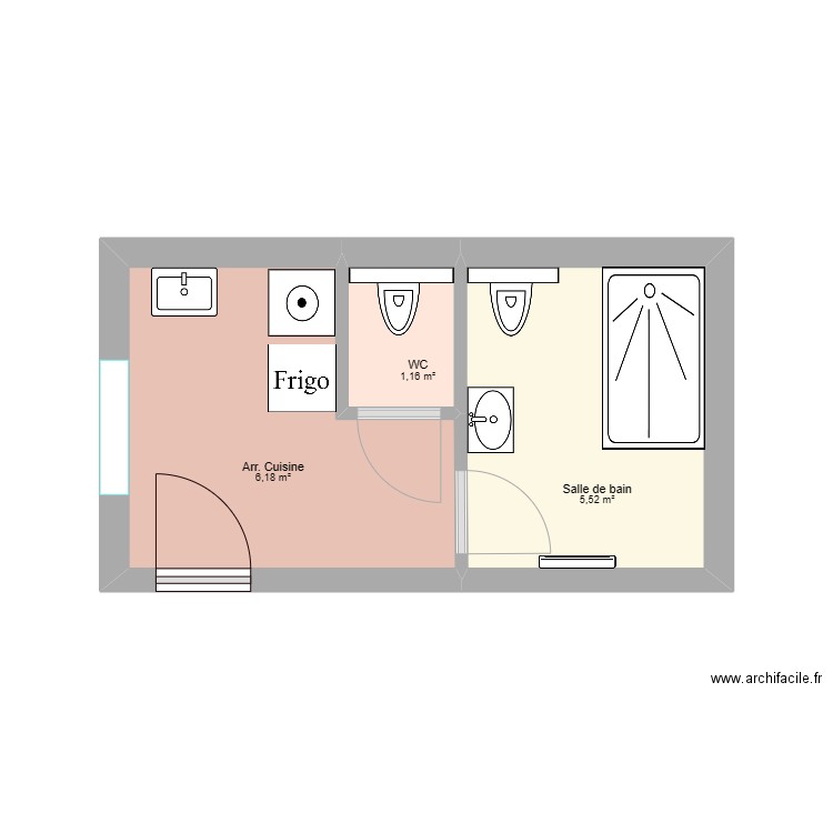 G1 SDB rdc. Plan de 3 pièces et 13 m2