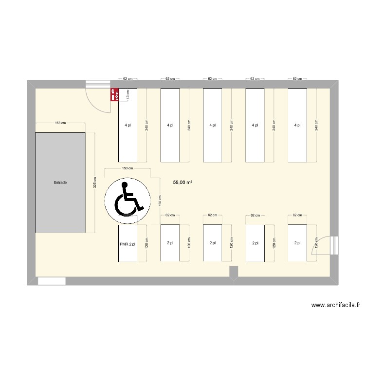 213 v2024. Plan de 1 pièce et 58 m2