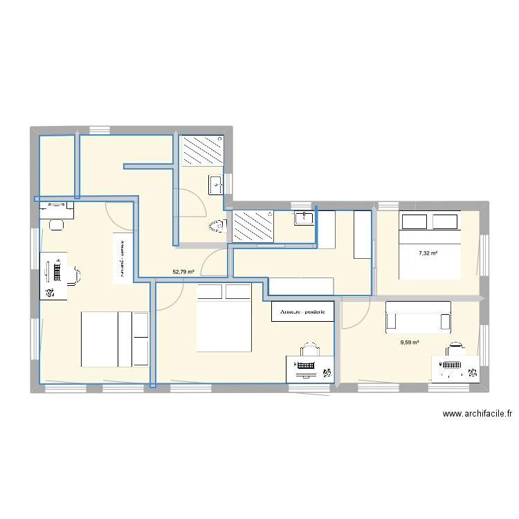 maison étage. Plan de 3 pièces et 70 m2