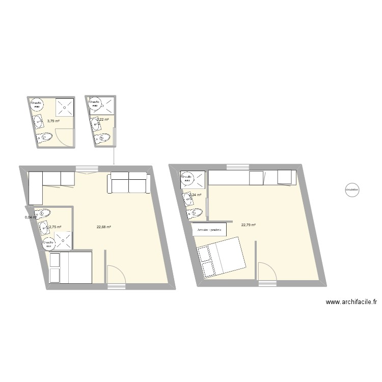 SdBain rivière. Plan de 7 pièces et 59 m2