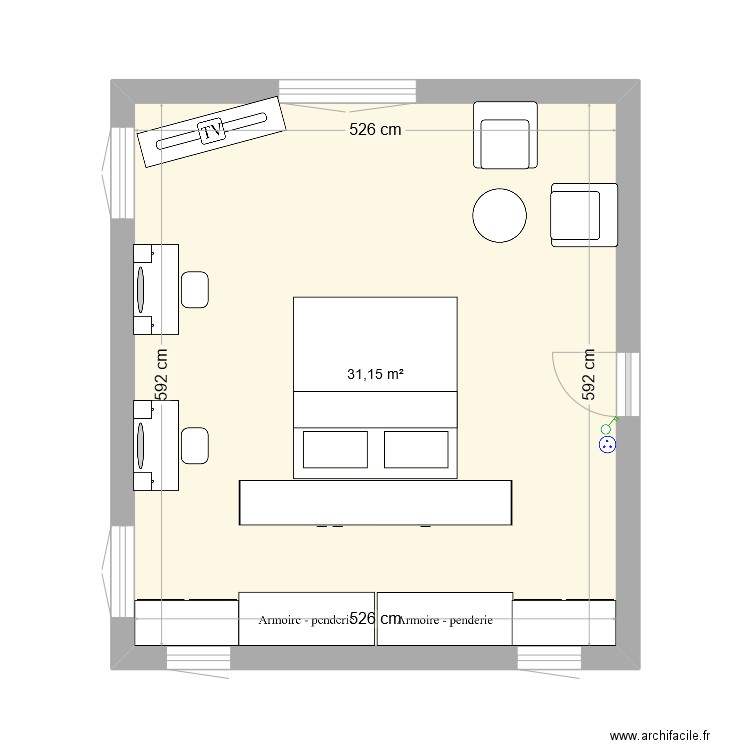 suite parentale etage avec meubles. Plan de 1 pièce et 31 m2