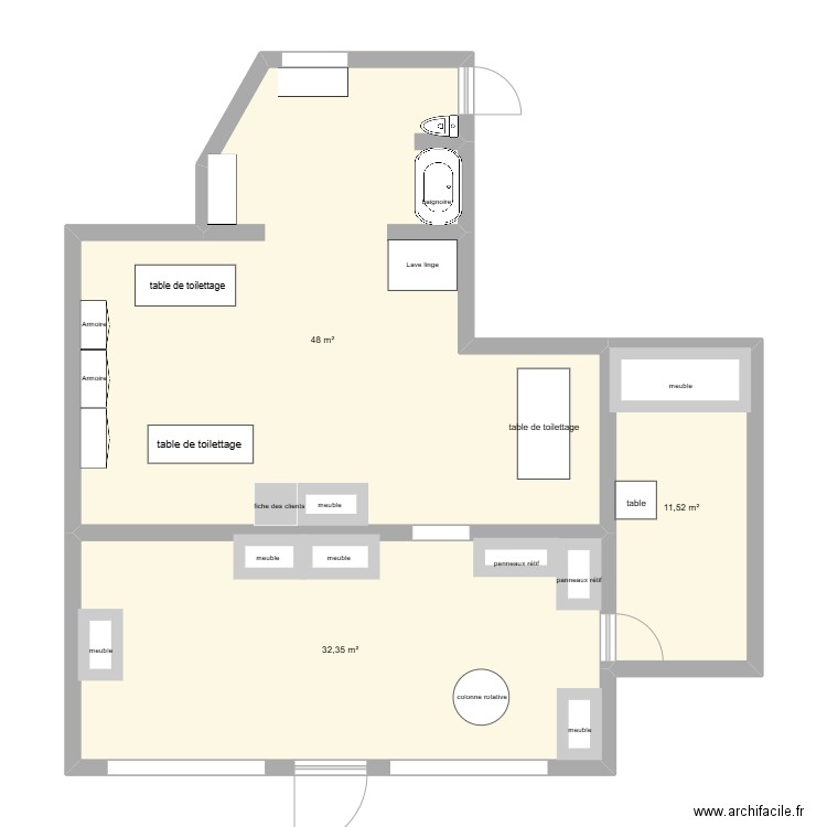 salon de toilettage . Plan de 3 pièces et 92 m2