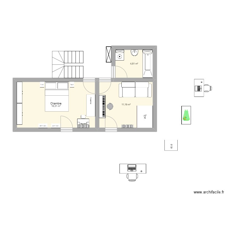 Chambre 3. Plan de 3 pièces et 32 m2