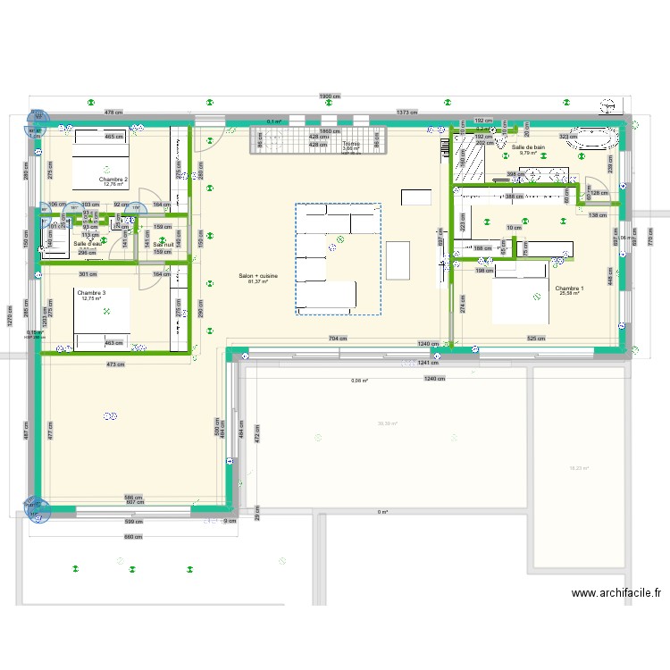 Plan cloisonnement avec poêle double face. Plan de 25 pièces et 375 m2