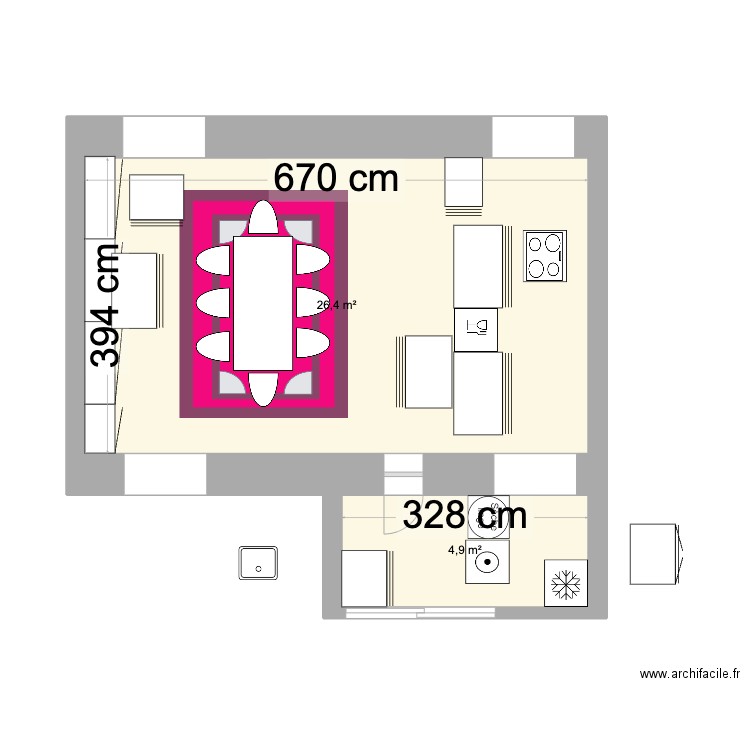 cuisine. Plan de 2 pièces et 31 m2