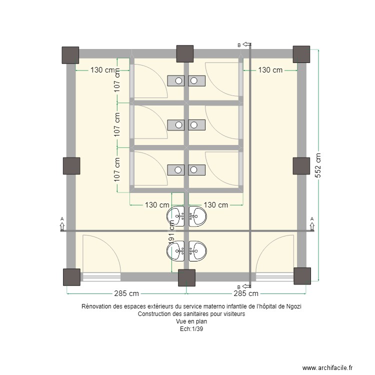 toilettes visiteurs semelles. Plan de 8 pièces et 25 m2