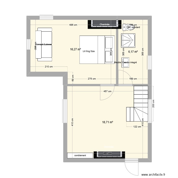 Ruguellou 1er etage escalier quart tournant gauche couloir V2. Plan de 3 pièces et 41 m2