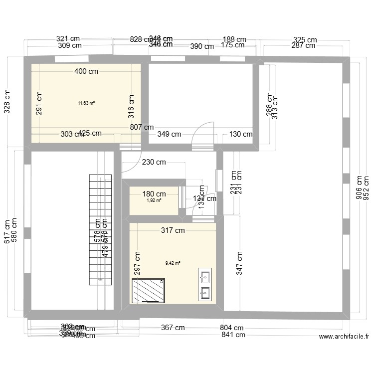 rez de chaussé. Plan de 3 pièces et 23 m2