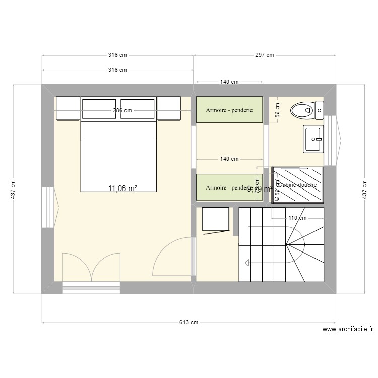 202407Cozette 1er étage 2e version. Plan de 2 pièces et 21 m2