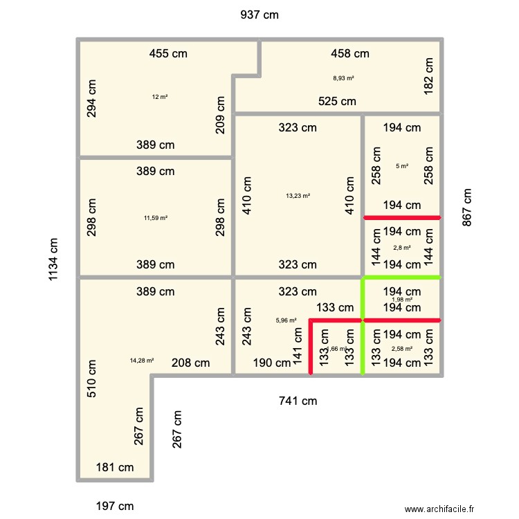 LACOMBE. Plan de 11 pièces et 80 m2