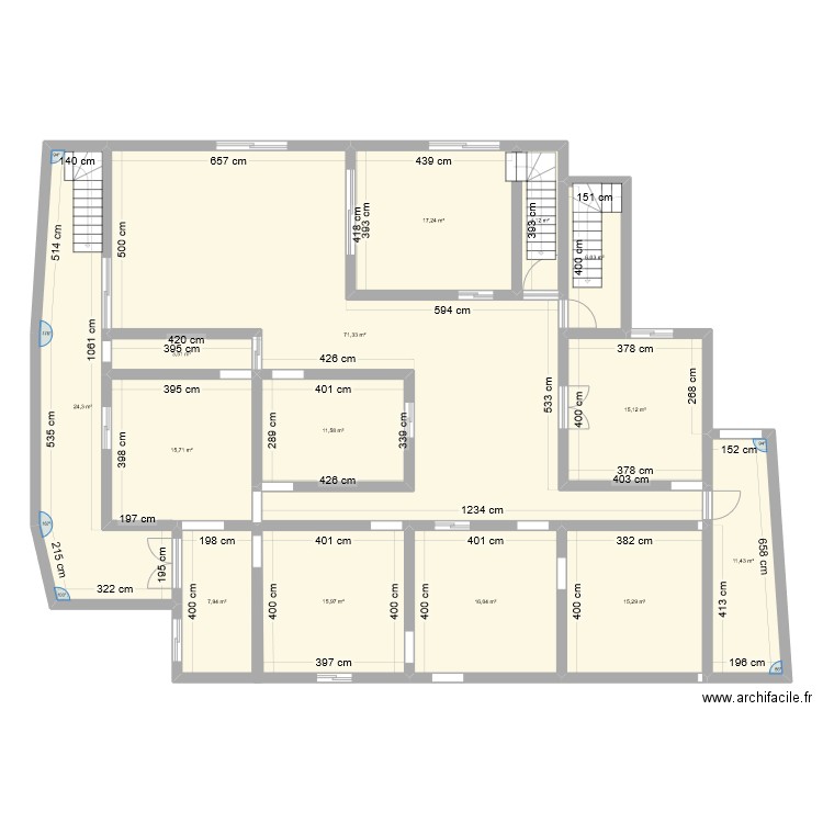 Projet Rez dz chaussée. Plan de 14 pièces et 236 m2