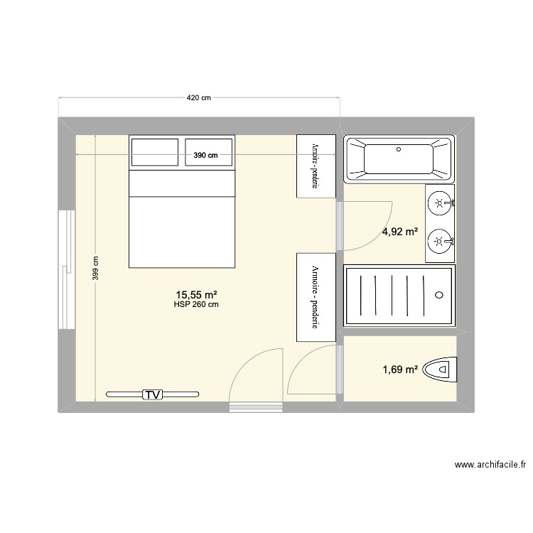 Chambre Océane. Plan de 3 pièces et 22 m2