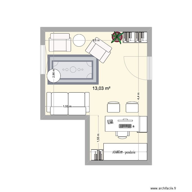 Cabinet. Plan de 1 pièce et 13 m2